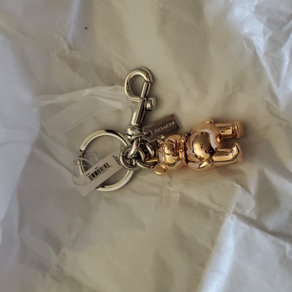 Coach gorgeous teddy bear gold and  silver  Keychain  for keys pets aaah bagged